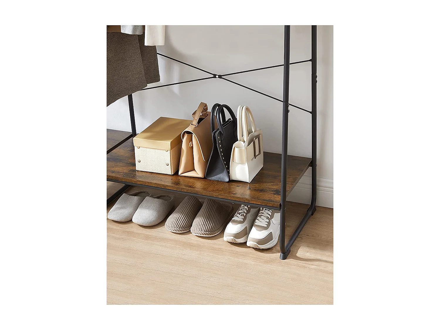 VASAGLE Rails à vêtements, racks à vêtements avec étagères à chaussures, racks de rangement à 5 niveaux, 6 crochets latéraux, pour la chambre à coucher, le salon,