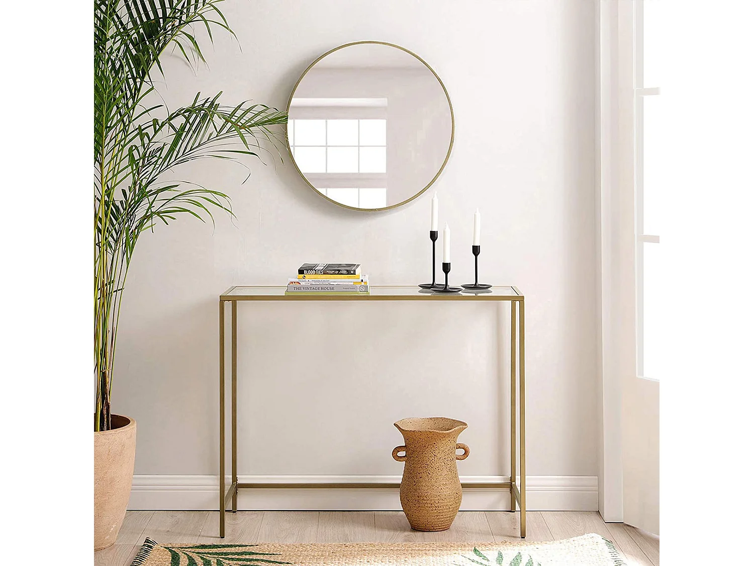 VASAGLE Konsolbord, bord i hærdet glas, moderne sofa- eller entrébord, metalramme, robust, justerbare fødder, til stue, gang, gylden LGT26G