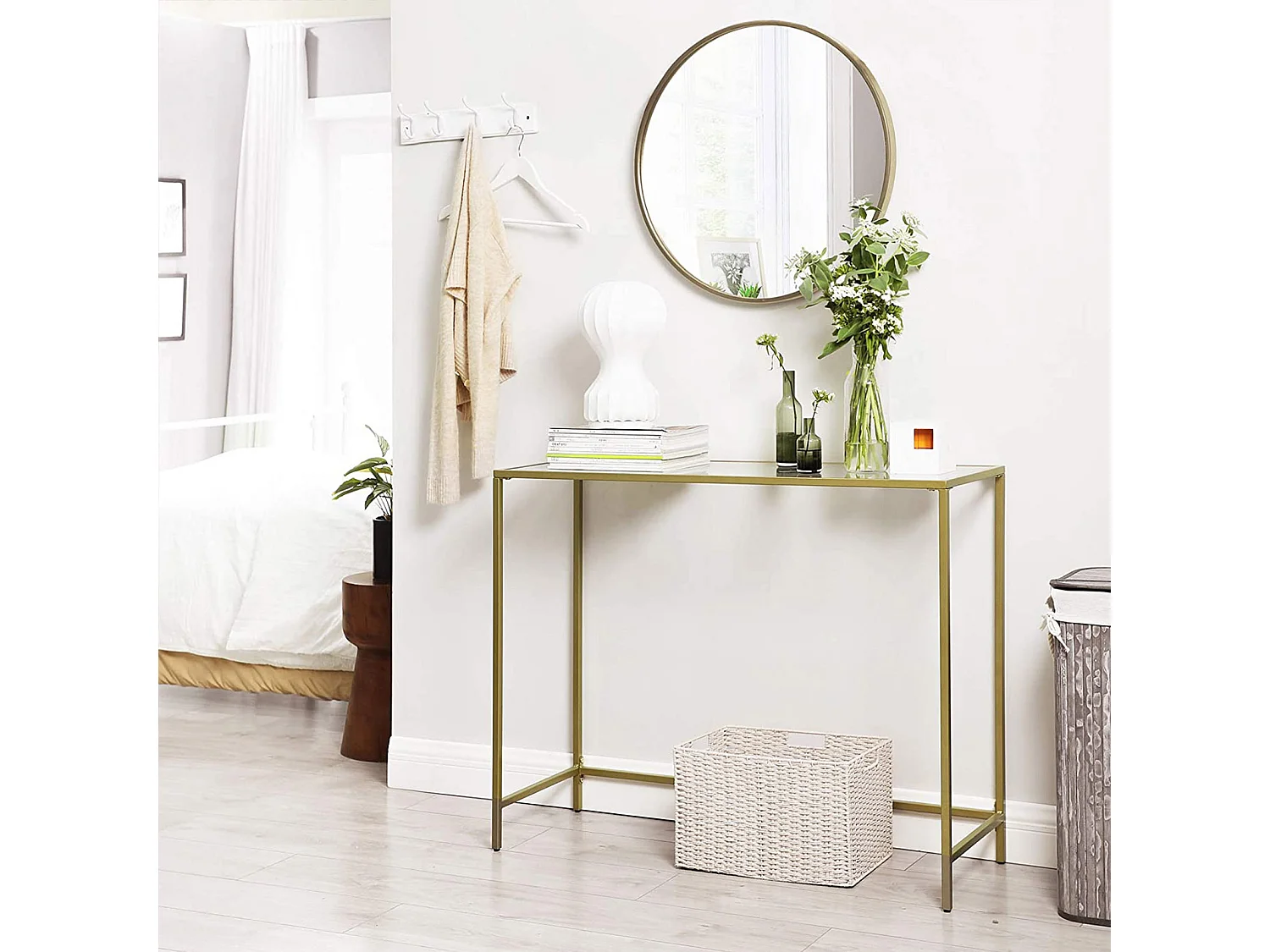 VASAGLE Konsolbord, bord i hærdet glas, moderne sofa- eller entrébord, metalramme, robust, justerbare fødder, til stue, gang, gylden LGT26G
