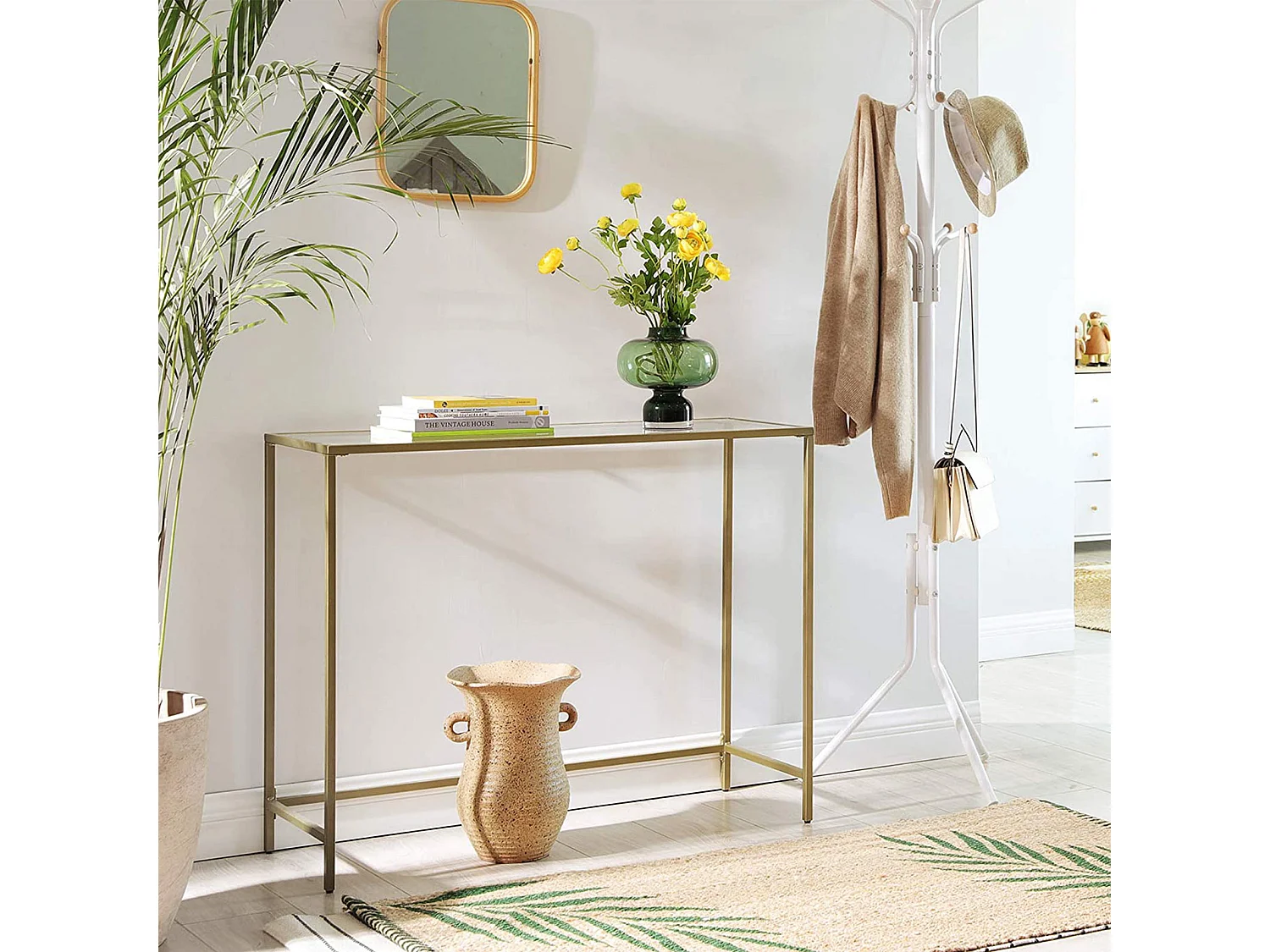 VASAGLE Konsolbord, bord i hærdet glas, moderne sofa- eller entrébord, metalramme, robust, justerbare fødder, til stue, gang, gylden LGT26G