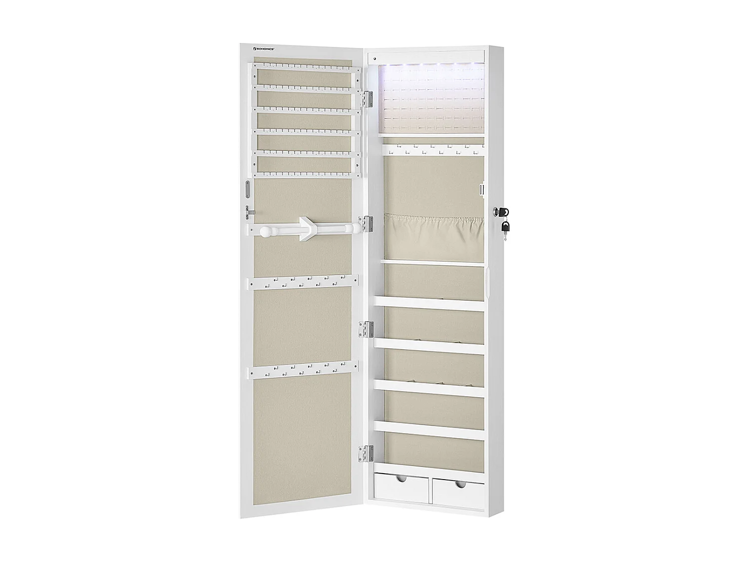 SONGMICS Armoire à bijoux, rangement mural verrouillable pour colliers et boucles d'oreilles, avec miroir et divers compartiments, blanc avec grain de bois et