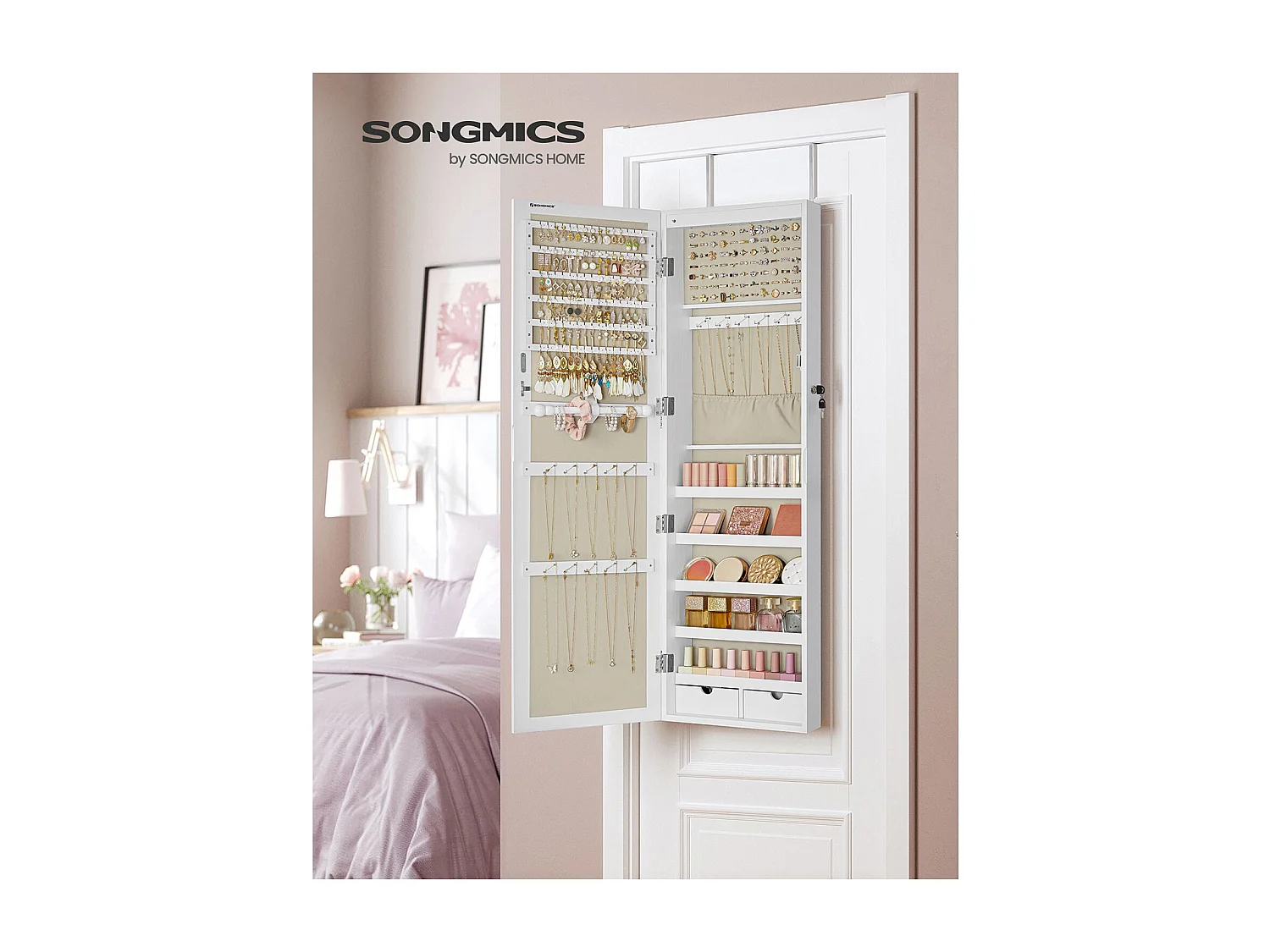 SONGMICS Armoire à bijoux, rangement mural verrouillable pour colliers et boucles d'oreilles, avec miroir et divers compartiments, blanc avec grain de bois et