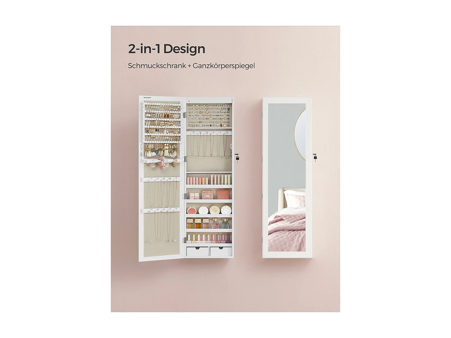 SONGMICS Armoire à bijoux, rangement mural verrouillable pour colliers et boucles d'oreilles, avec miroir et divers compartiments, blanc avec grain de bois et