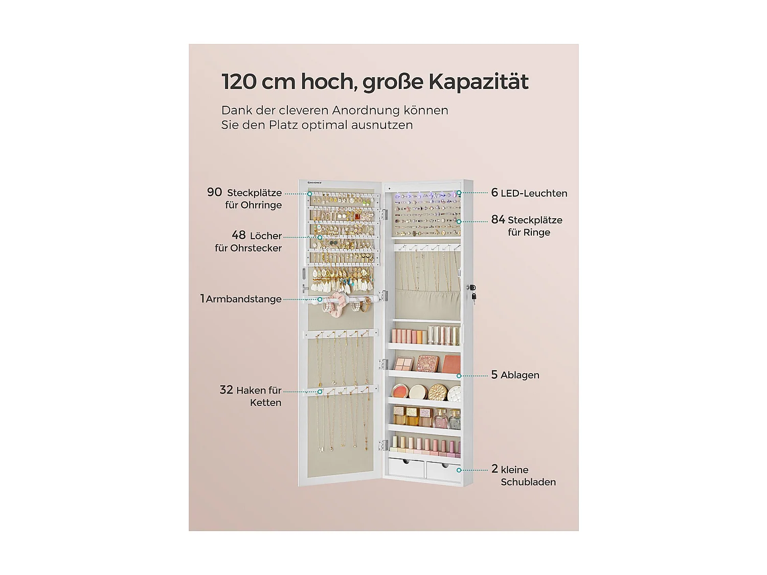 SONGMICS Armoire à bijoux, rangement mural verrouillable pour colliers et boucles d'oreilles, avec miroir et divers compartiments, blanc avec grain de bois et