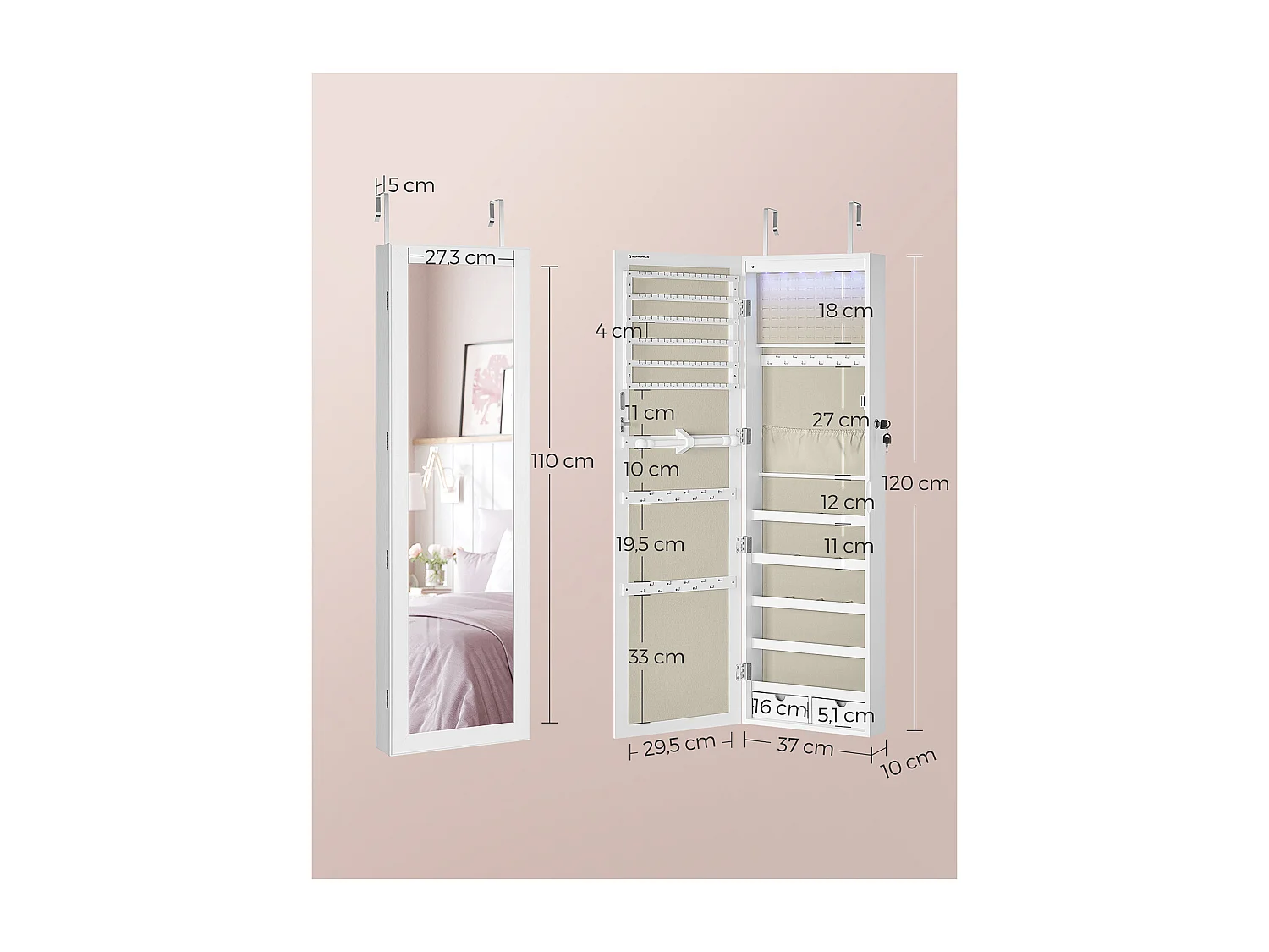 SONGMICS Armoire à bijoux, rangement mural verrouillable pour colliers et boucles d'oreilles, avec miroir et divers compartiments, blanc avec grain de bois et