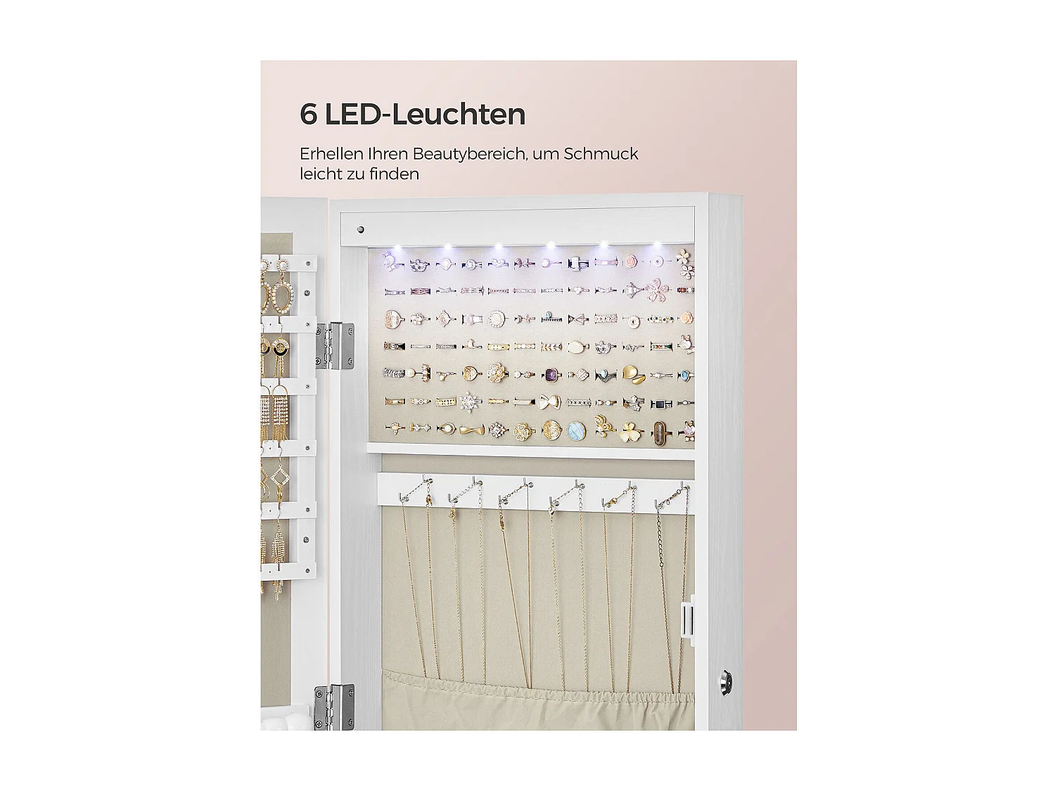 SONGMICS Armoire à bijoux, rangement mural verrouillable pour colliers et boucles d'oreilles, avec miroir et divers compartiments, blanc avec grain de bois et