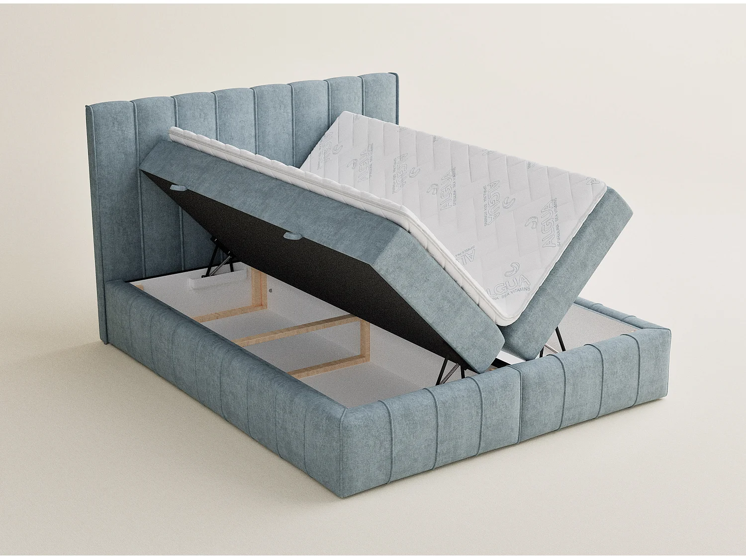 Lit boxspring avec rangement MORETTI - matelas - surmatelas - 140x200 cm - bleu clair