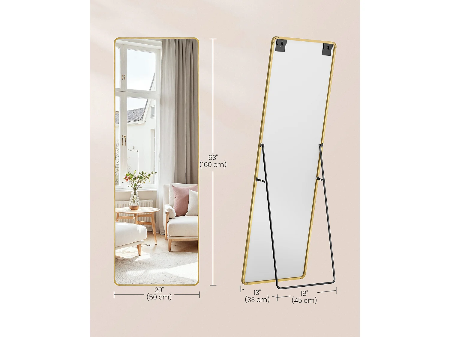 Rektangulært spejl i fuld længde 160 x 50 cm lys guld