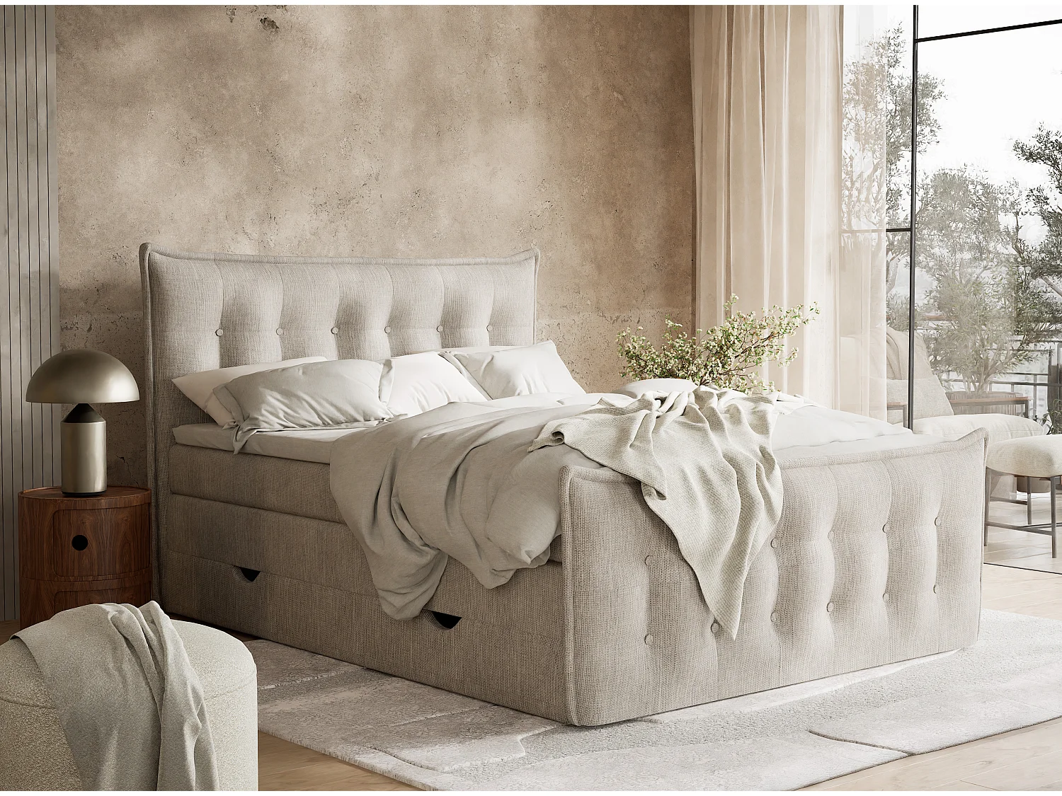 Łóżko boxspring z zagłówkiem + materac + topper - 140x200 cm - beżowy - FATU