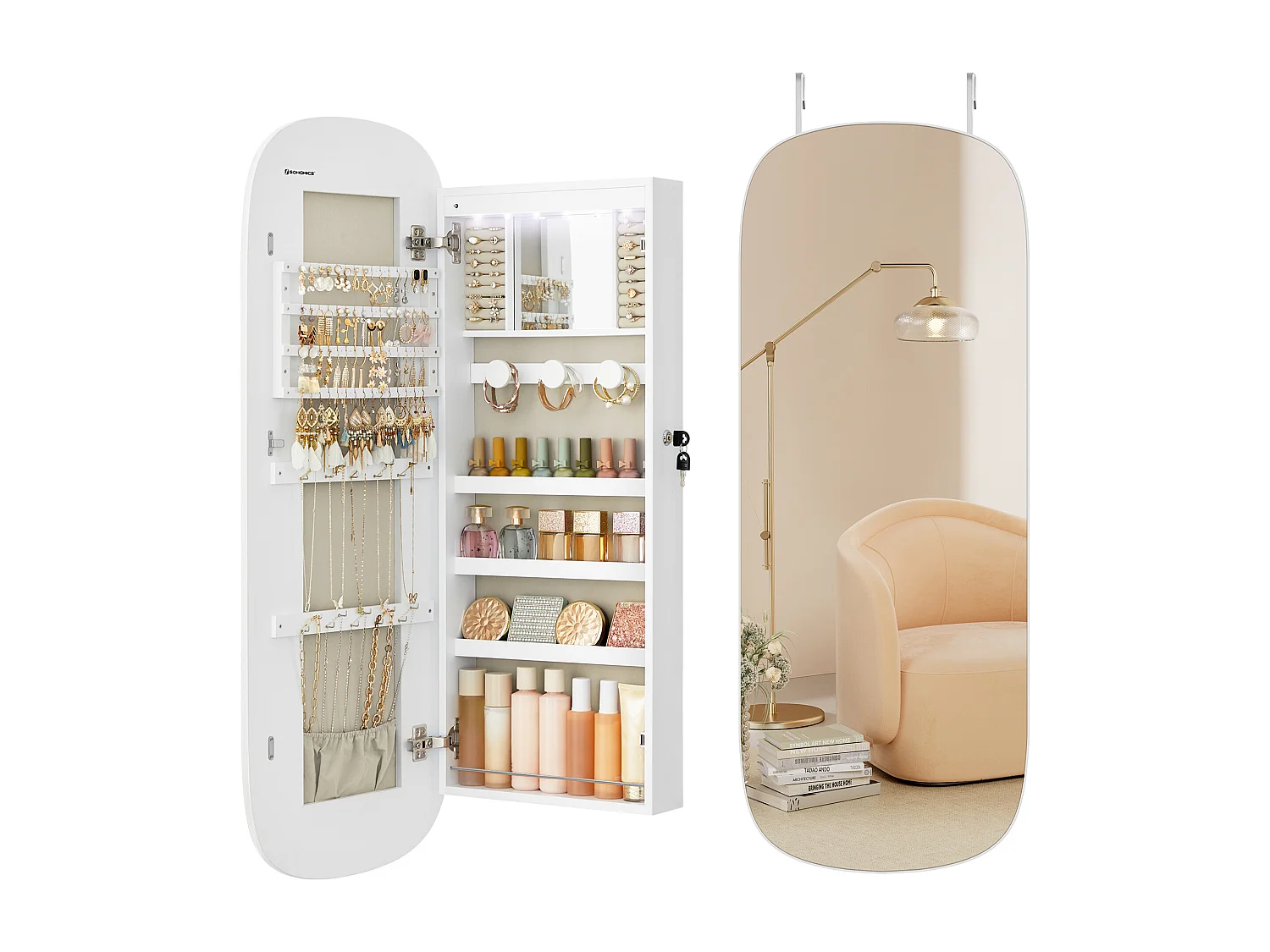 SONGMICS Mirror with Storage, LED Mirror Jewellery Cabinet Wall/Door Mounted, Lockable Rounded Wide Mirror Cabinet, with Interior Mirror, 10 x 42 x 108 cm, White