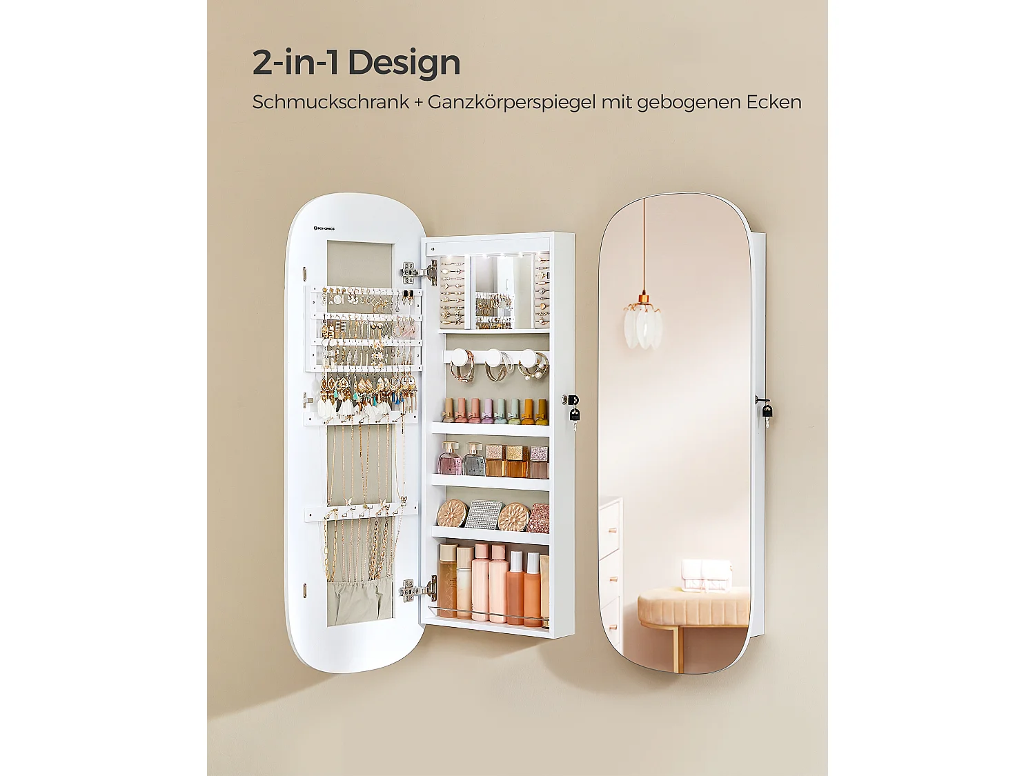 SONGMICS Mirror with Storage, LED Mirror Jewellery Cabinet Wall/Door Mounted, Lockable Rounded Wide Mirror Cabinet, with Interior Mirror, 10 x 42 x 108 cm, White