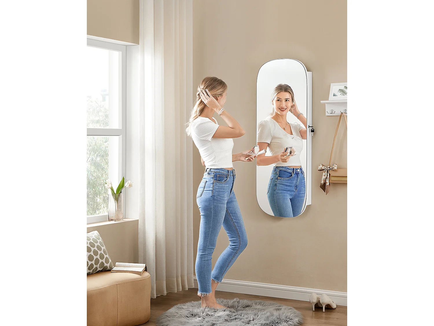 SONGMICS Mirror with Storage, LED Mirror Jewellery Cabinet Wall/Door Mounted, Lockable Rounded Wide Mirror Cabinet, with Interior Mirror, 10 x 42 x 108 cm, White
