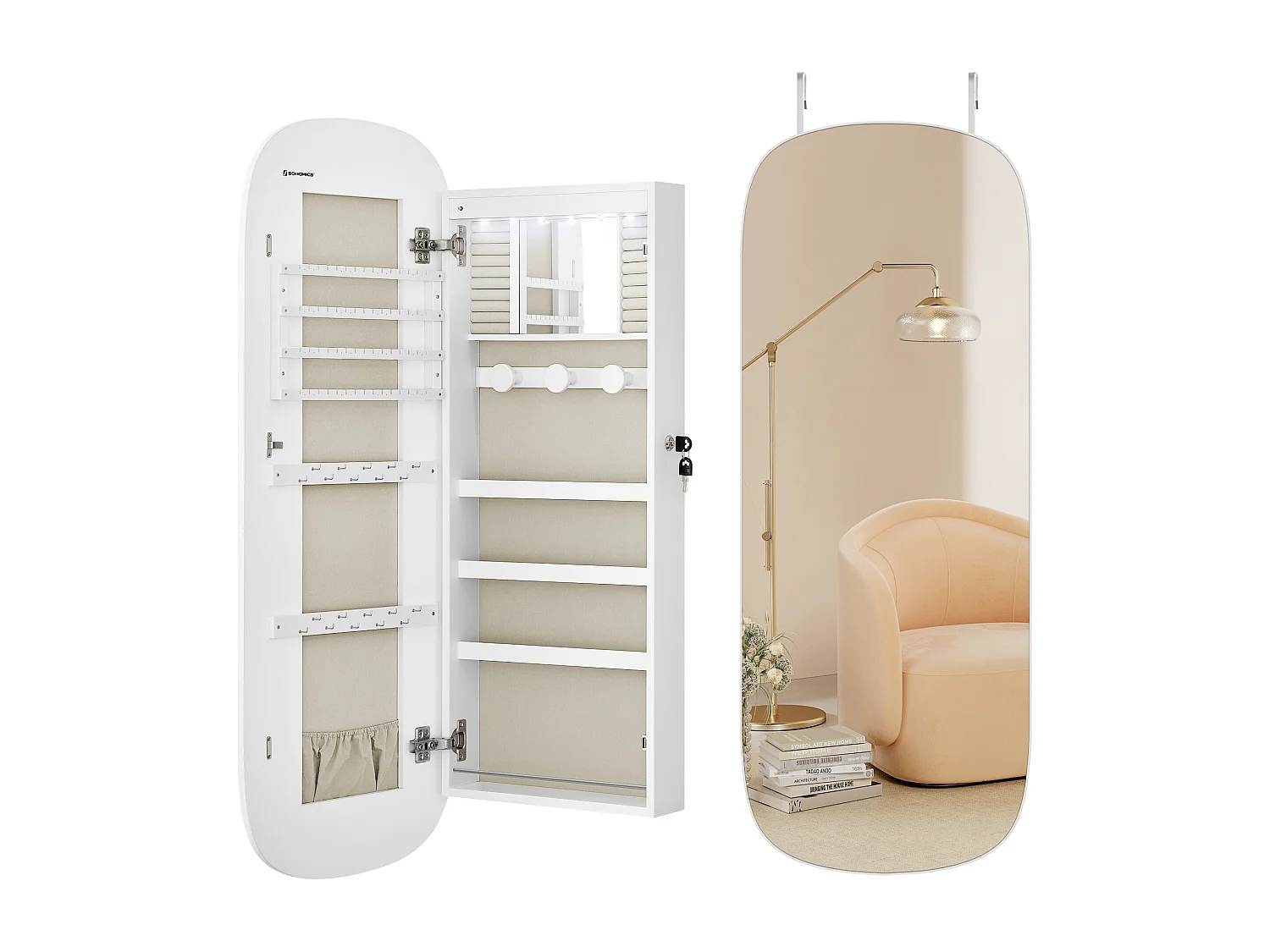 SONGMICS Mirror with Storage, LED Mirror Jewellery Cabinet Wall/Door Mounted, Lockable Rounded Wide Mirror Cabinet, with Interior Mirror, 10 x 42 x 108 cm, White