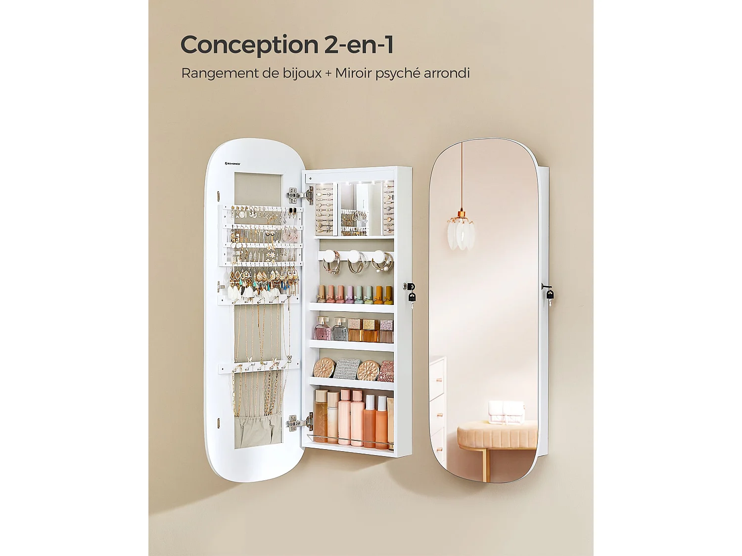 SONGMICS Mirror with Storage, LED Mirror Jewellery Cabinet Wall/Door Mounted, Lockable Rounded Wide Mirror Cabinet, with Interior Mirror, 10 x 42 x 108 cm, White