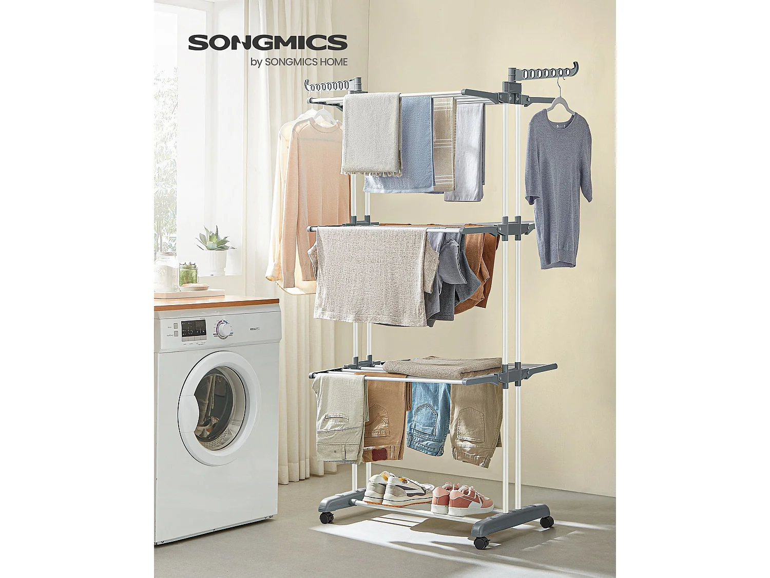 LLR701W01 Portable Clothes Airer with Wheels 4 Levels Foldable 63.5 x 128 x 173 cm, Large Capacity, Easy Assembly, Indoor and Outdoor Use, White