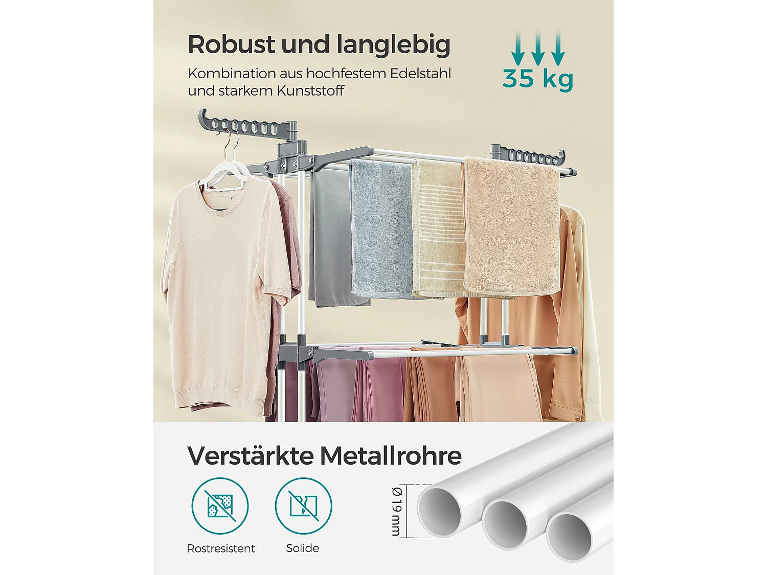 LLR701W01 Portable Clothes Airer with Wheels 4 Levels Foldable 63.5 x 128 x 173 cm, Large Capacity, Easy Assembly, Indoor and Outdoor Use, White