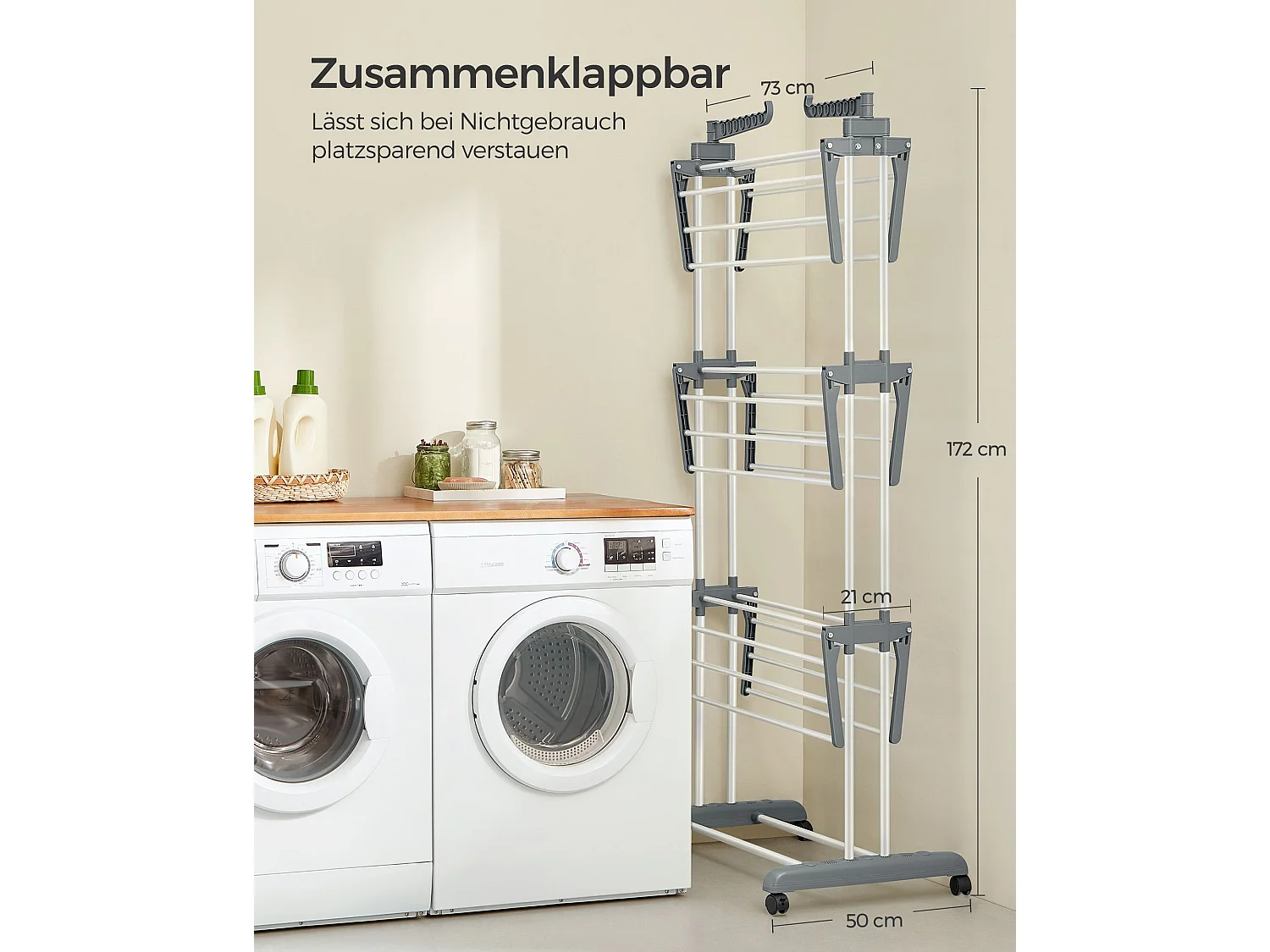 LLR701W01 Portable Clothes Airer with Wheels 4 Levels Foldable 63.5 x 128 x 173 cm, Large Capacity, Easy Assembly, Indoor and Outdoor Use, White