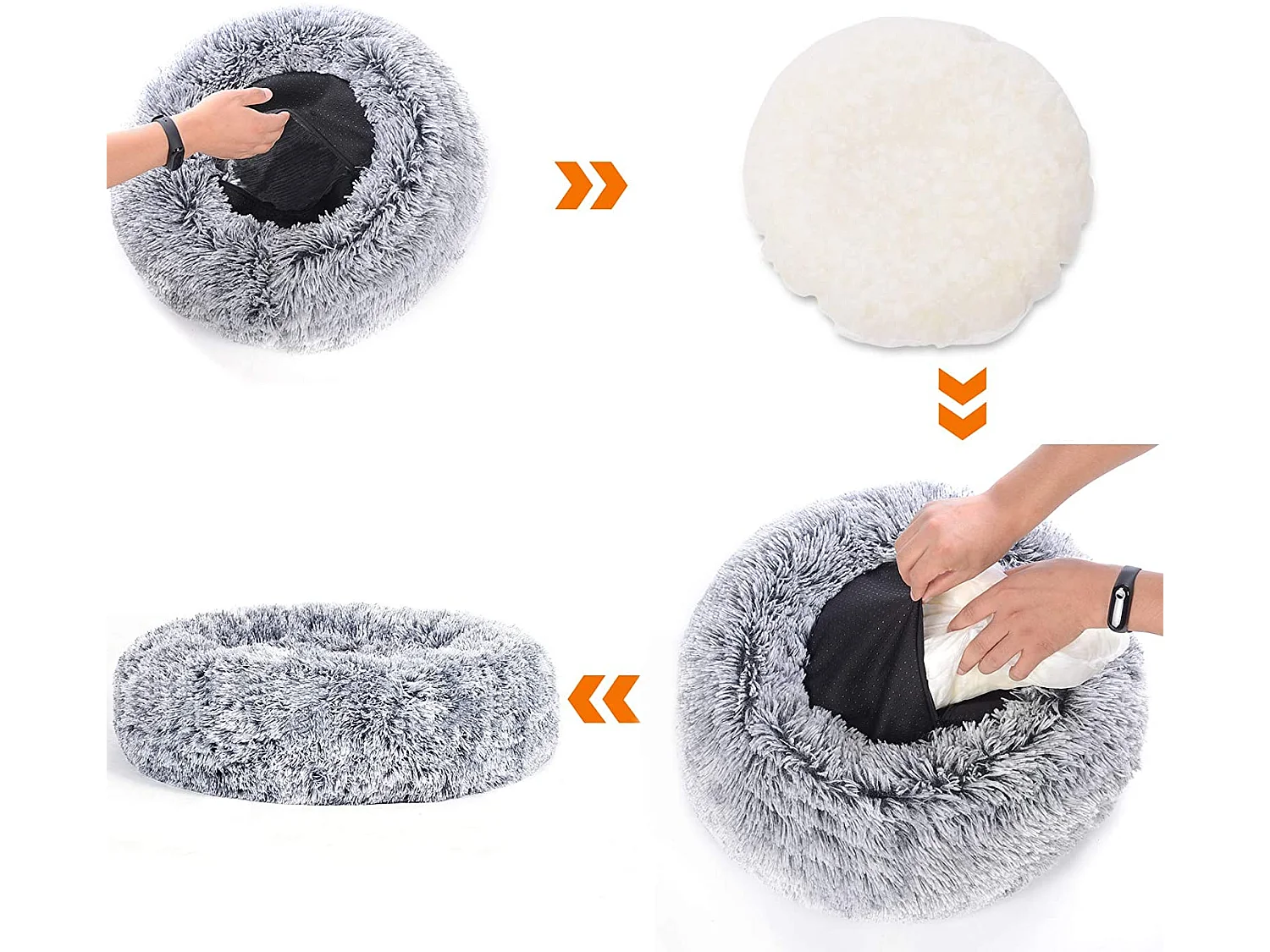 FEANDREA Hundebett, Donut-Katzenbett, flauschiges Beruhigungsbett für Haustiere mit abnehmbarem, waschbarem Bezug, weicher Langplüsch, 60 cm, grau