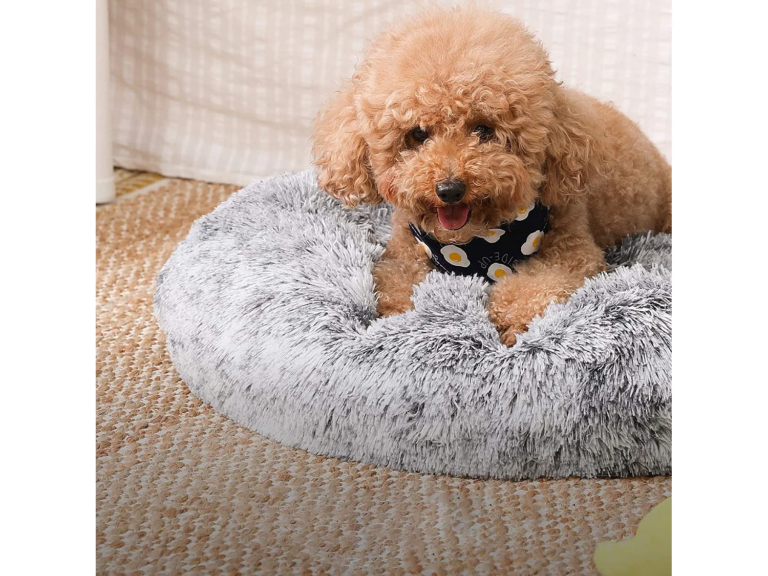 FEANDREA Hundebett, Donut-Katzenbett, flauschiges Beruhigungsbett für Haustiere mit abnehmbarem, waschbarem Bezug, weicher Langplüsch, 60 cm, grau