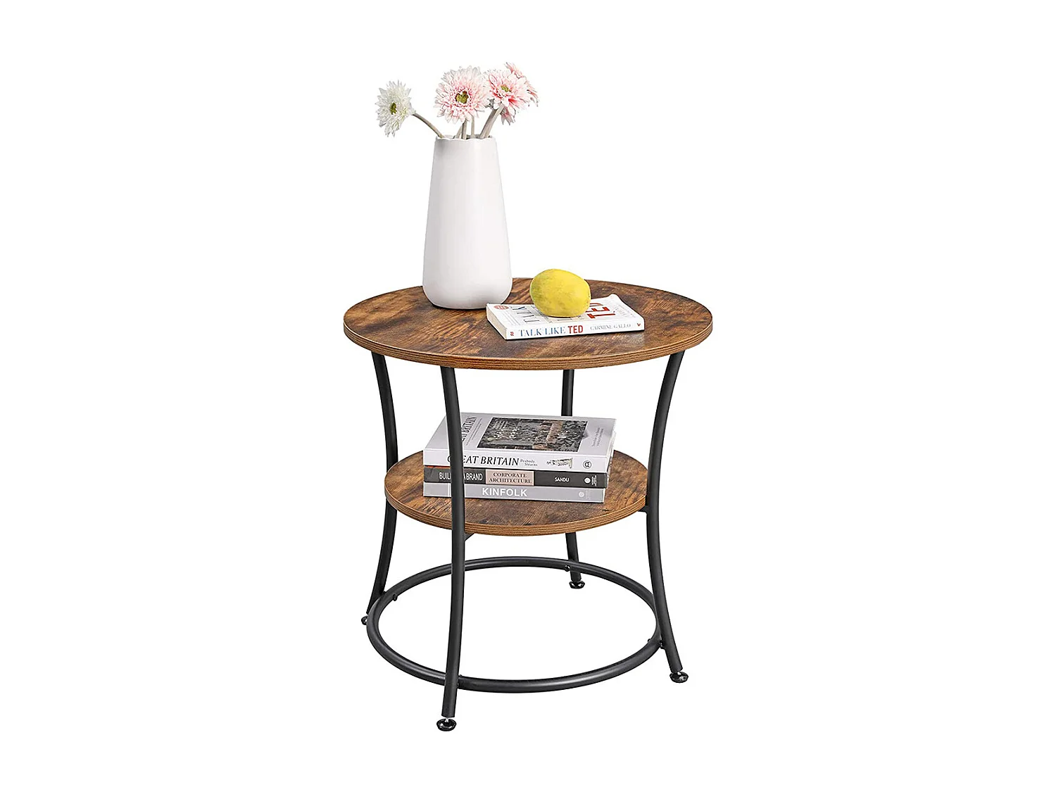 VASAGLE Side Table Round, End Table with 2 Shelves, Living Room, Bedroom, Easy Assembly, Metal, Industrial Design, Rustic Brown LET56BX