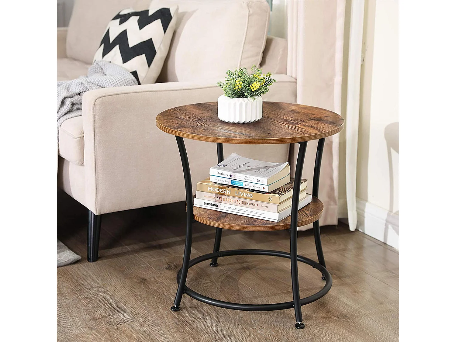 VASAGLE Side Table Round, End Table with 2 Shelves, Living Room, Bedroom, Easy Assembly, Metal, Industrial Design, Rustic Brown LET56BX