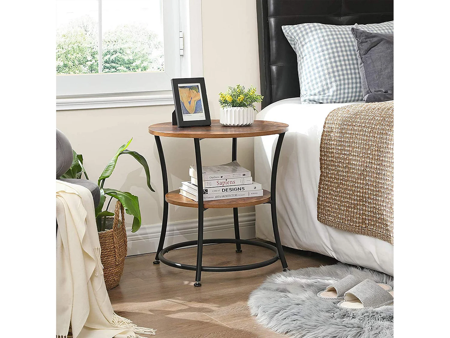 VASAGLE Side Table Round, End Table with 2 Shelves, Living Room, Bedroom, Easy Assembly, Metal, Industrial Design, Rustic Brown LET56BX