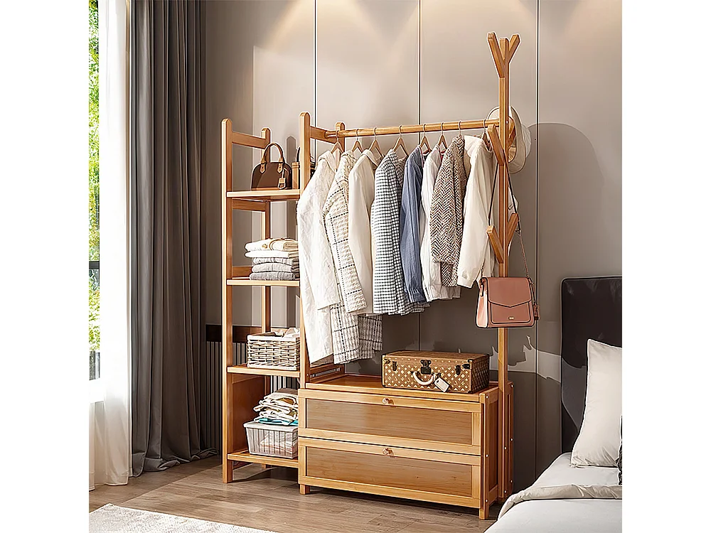 101cm Wooden Coat Rack with Cabinets, Hooks & Side Shelves - Natural