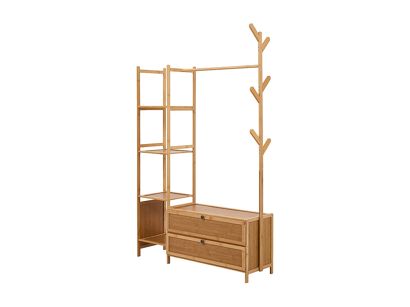 101cm Wooden Coat Rack with Cabinets, Hooks & Side Shelves - Natural