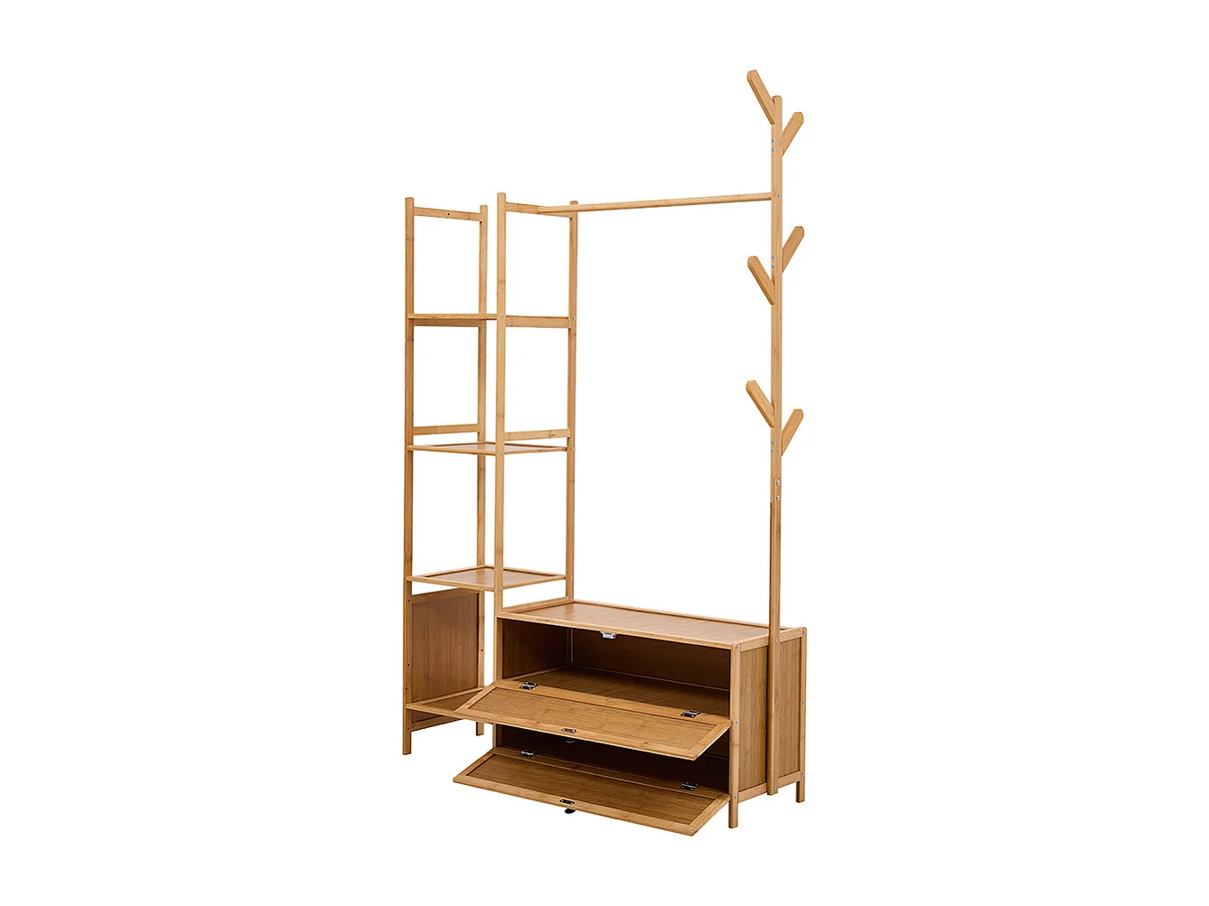 101cm Wooden Coat Rack with Cabinets, Hooks & Side Shelves - Natural