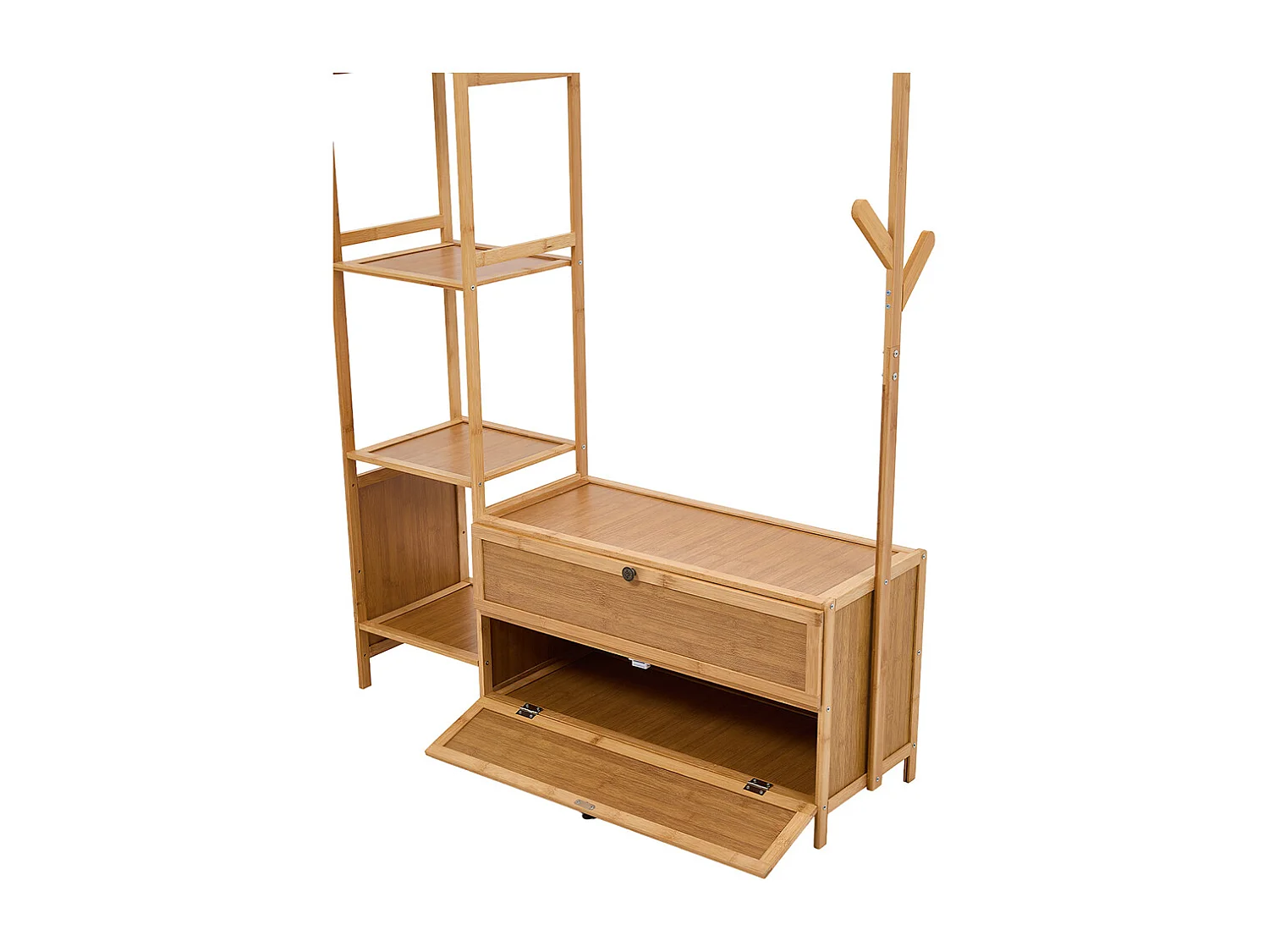 101cm Wooden Coat Rack with Cabinets, Hooks & Side Shelves - Natural