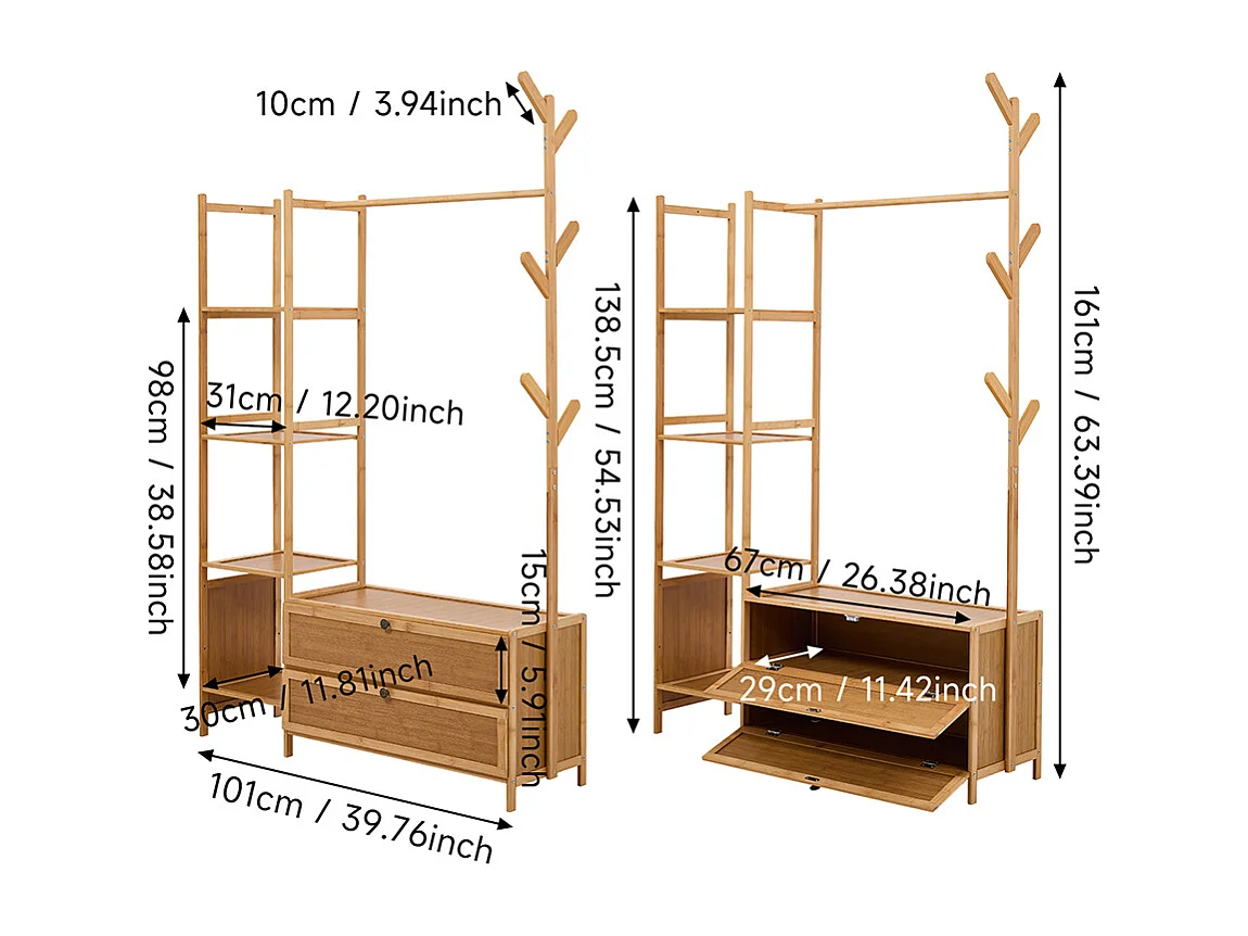 101cm Wooden Coat Rack with Cabinets, Hooks & Side Shelves - Natural