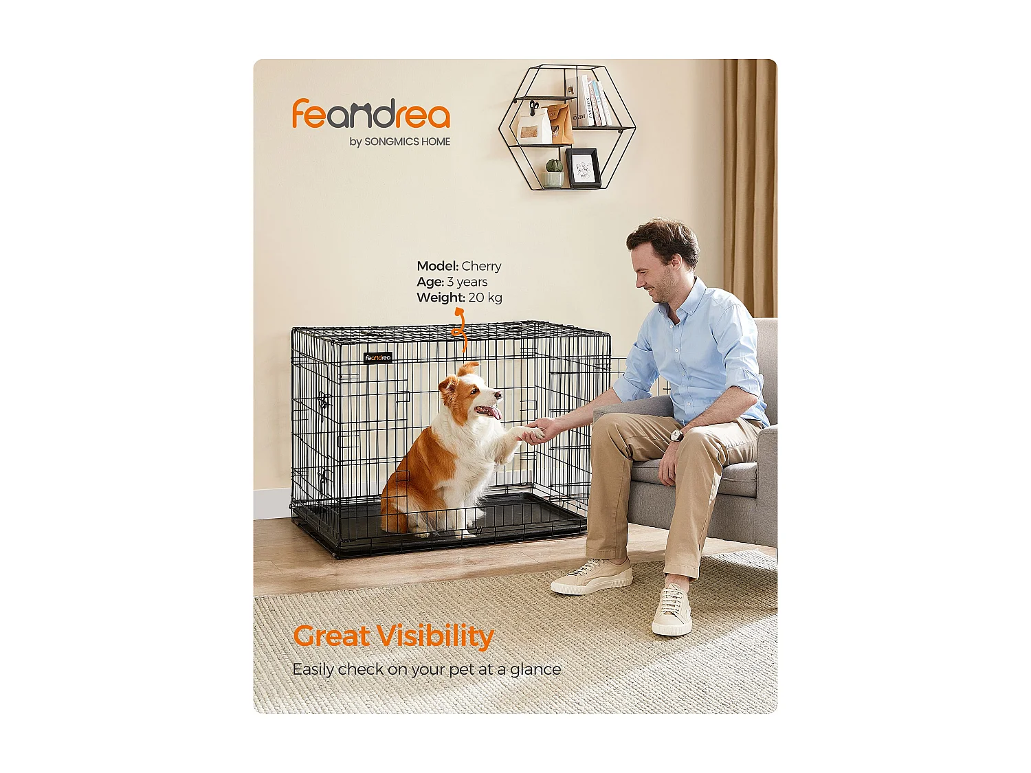 FEANDREA Hundekasse, sammenklappelig, 107 cm, 2 døre, XL, sort PPD42H