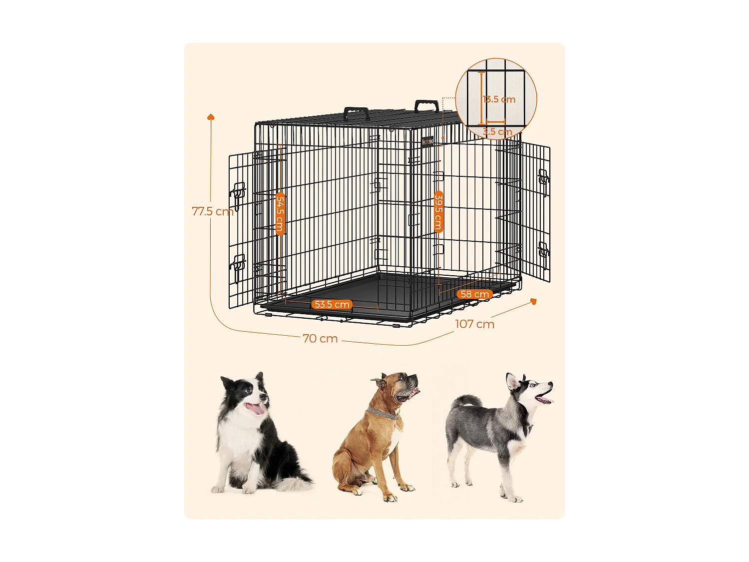 FEANDREA Hundekasse, sammenklappelig, 107 cm, 2 døre, XL, sort PPD42H