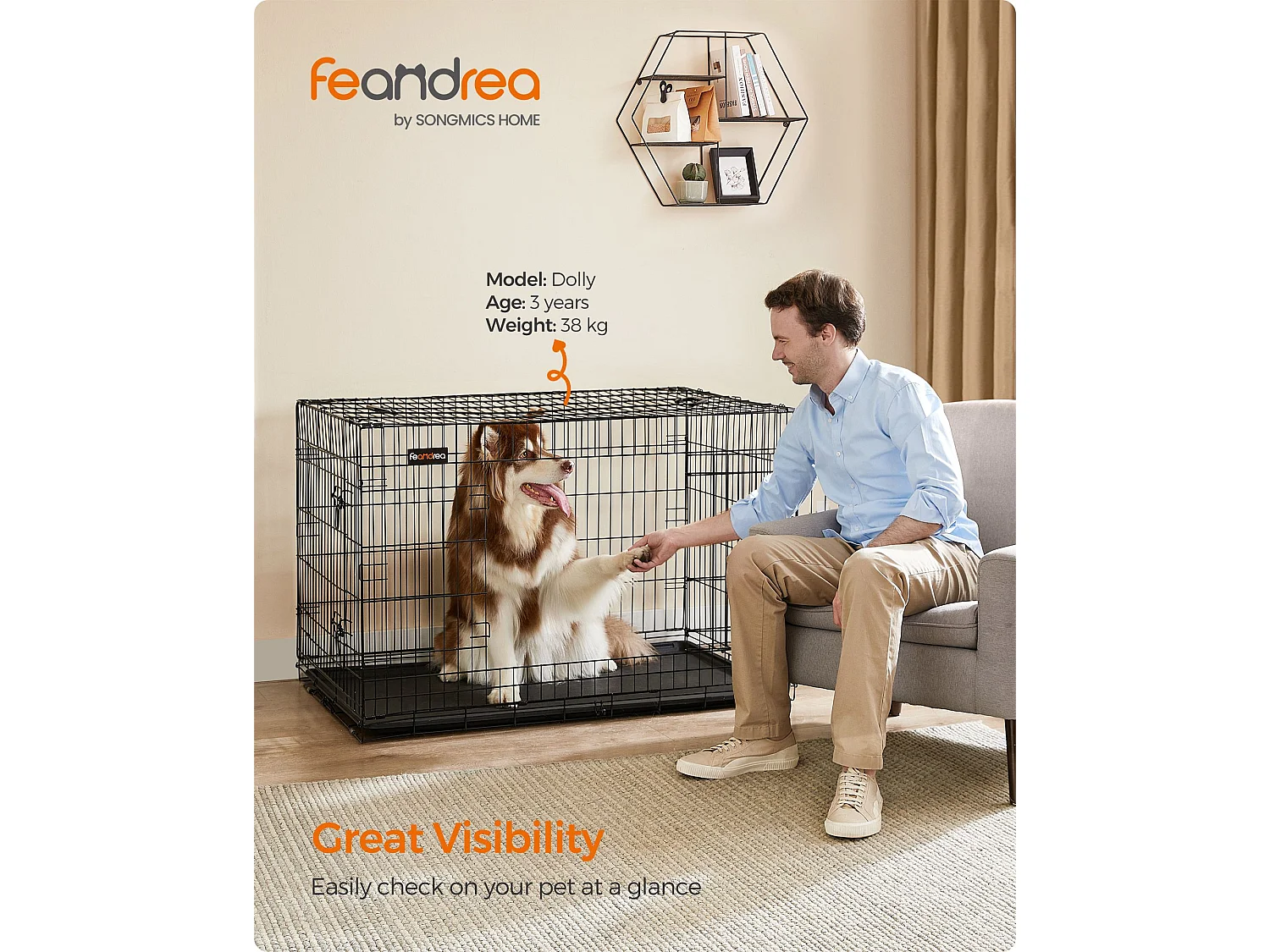 FEANDREA Hundekasse, sammenklappelig, 122 cm lang, 2 døre, XXL, sort PPD48H