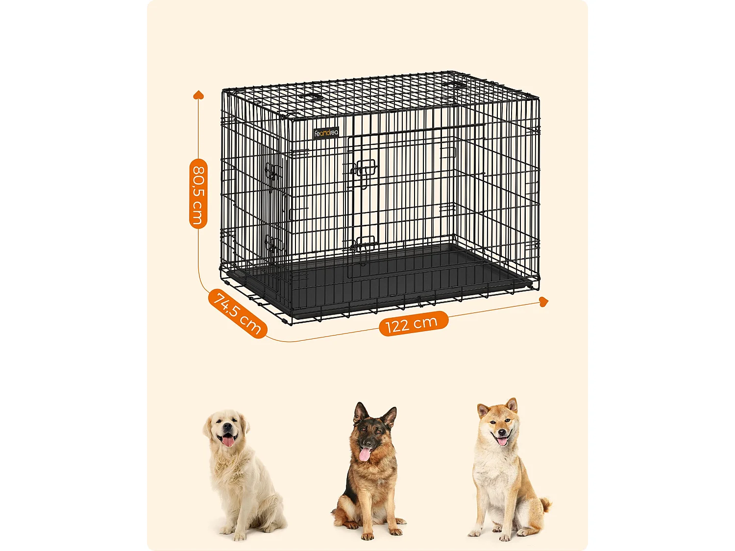 FEANDREA Hundekasse, sammenklappelig, 122 cm lang, 2 døre, XXL, sort PPD48H