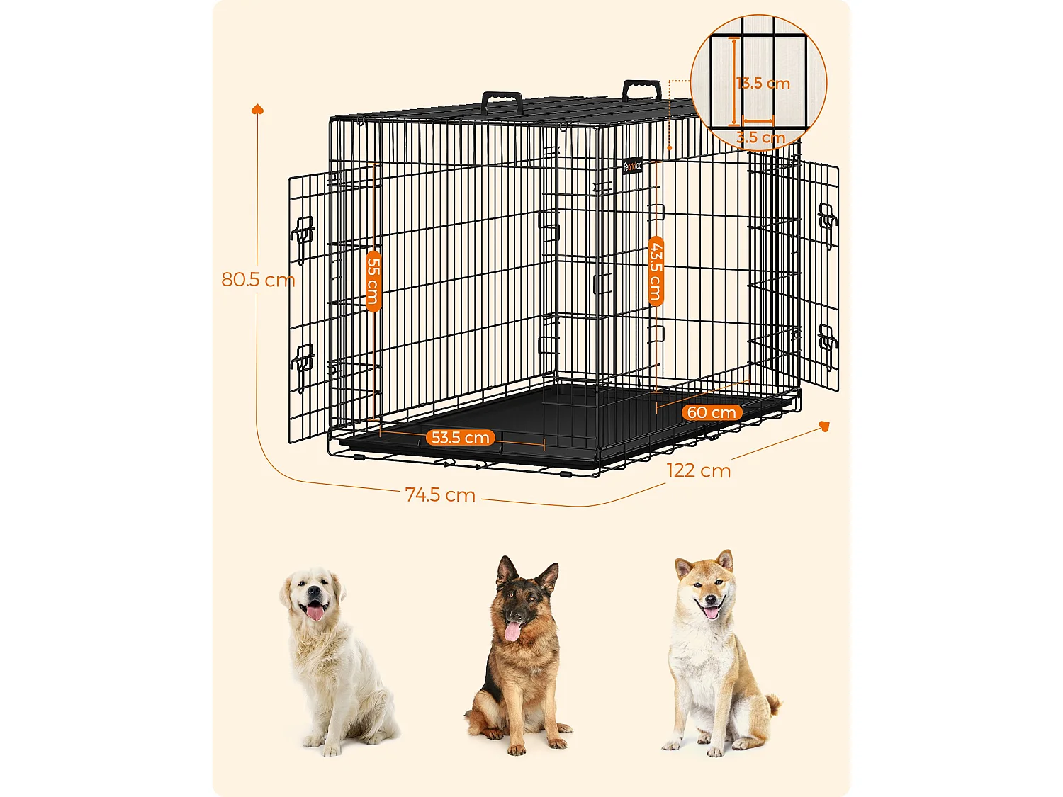 FEANDREA Hundebur, Hundekasse med 2 døre, 122 x 74,5 x 80,5 cm, Sort PPD48BK