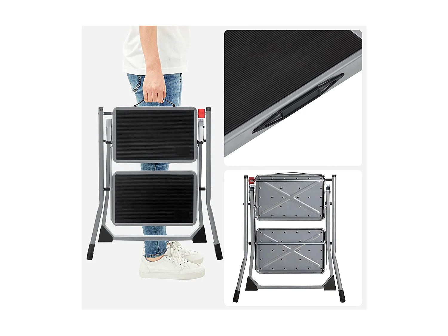 SONGMICS 2-Stufen-Leiter, Klappleiter, 20 cm breite Stufen mit rutschfestem Gummi überzogen, mit Handgriff, Max. Statische Belastung 150 kg, Stahl, Grau und