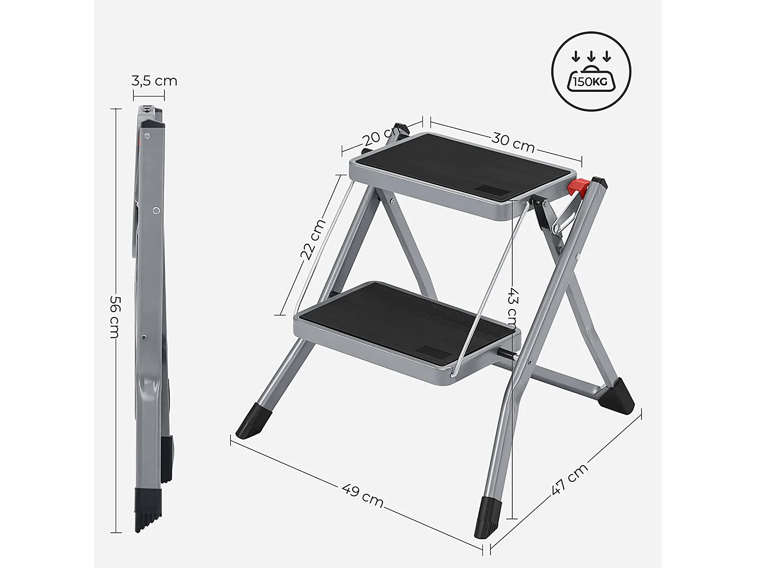 SONGMICS 2-Stufen-Leiter, Klappleiter, 20 cm breite Stufen mit rutschfestem Gummi überzogen, mit Handgriff, Max. Statische Belastung 150 kg, Stahl, Grau und