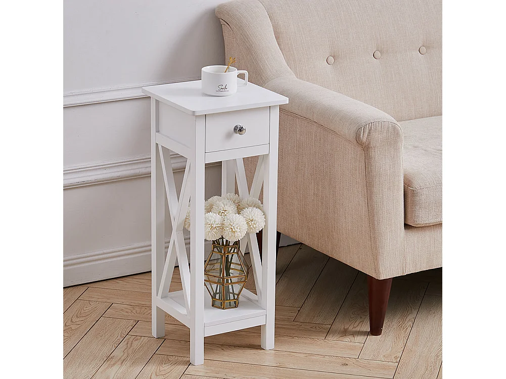 Wooden Console Table with X-Shaped Sides and Slim Drawer - White