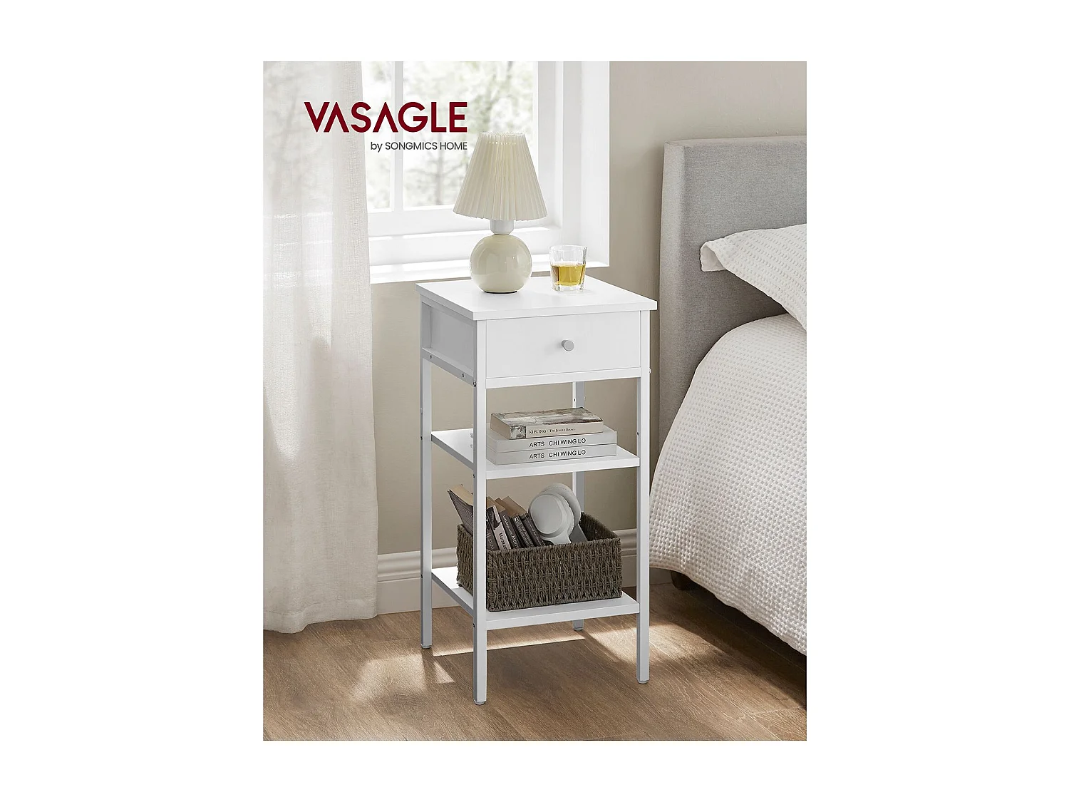 VASAGLE natbord, endebord, højt sengebord med en skuffe og 2 opbevaringshylder, pladsbesparende, industrielt accentbord, rustik hvid LET502B14