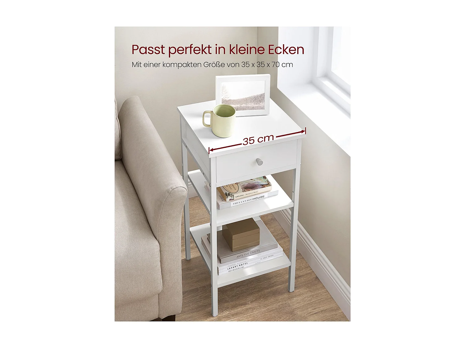 VASAGLE natbord, endebord, højt sengebord med en skuffe og 2 opbevaringshylder, pladsbesparende, industrielt accentbord, rustik hvid LET502B14
