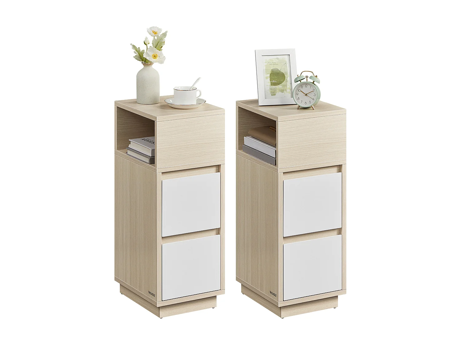 VASAGLE KAILYN Collection - Smalle sengeborde, sæt med 2 små smalle sideborde med skuffer, fleksibelt åbent rum, til soveværelse, stue, naturbeige og skyhvid