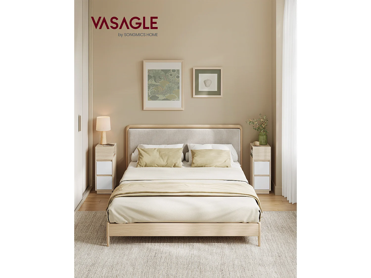 VASAGLE KAILYN Collection - Smalle sengeborde, sæt med 2 små smalle sideborde med skuffer, fleksibelt åbent rum, til soveværelse, stue, naturbeige og skyhvid