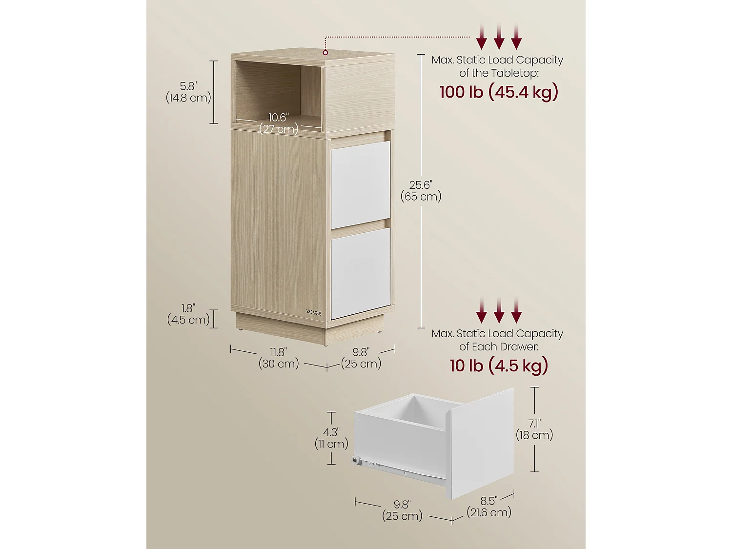 VASAGLE KAILYN Collection - Smalle sengeborde, sæt med 2 små smalle sideborde med skuffer, fleksibelt åbent rum, til soveværelse, stue, naturbeige og skyhvid