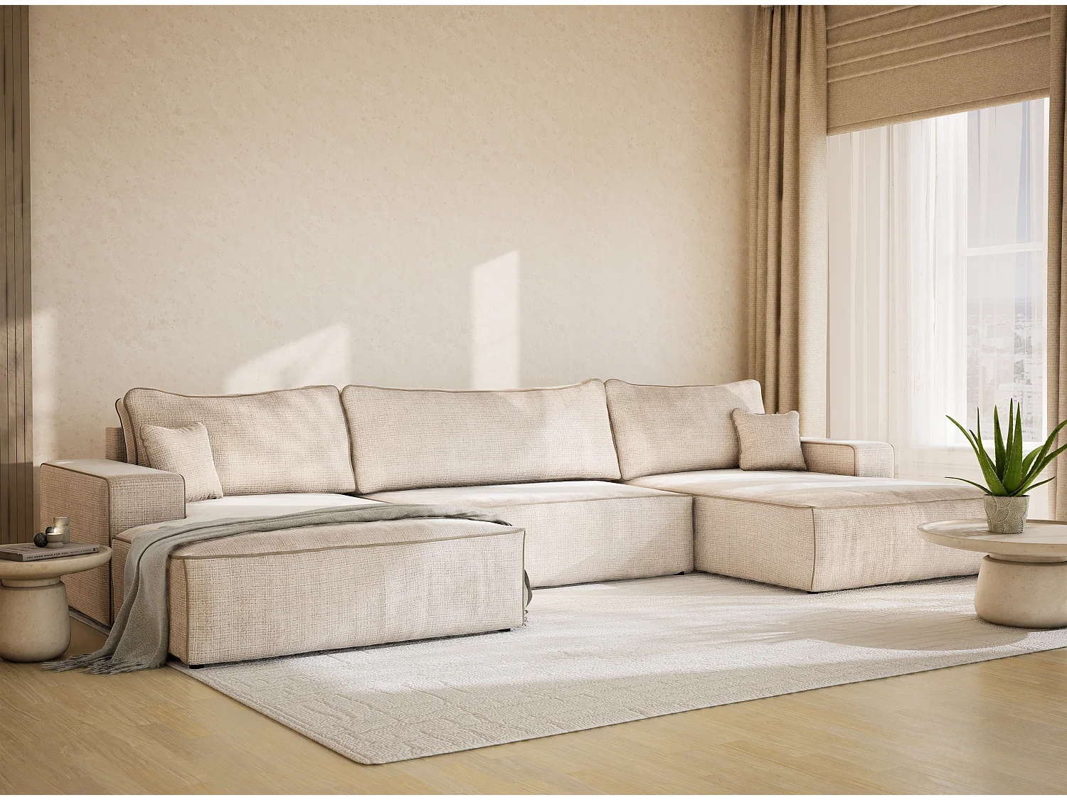 Canapé d'angle panoramique convertible en tissu chenille creme-beige DESEO