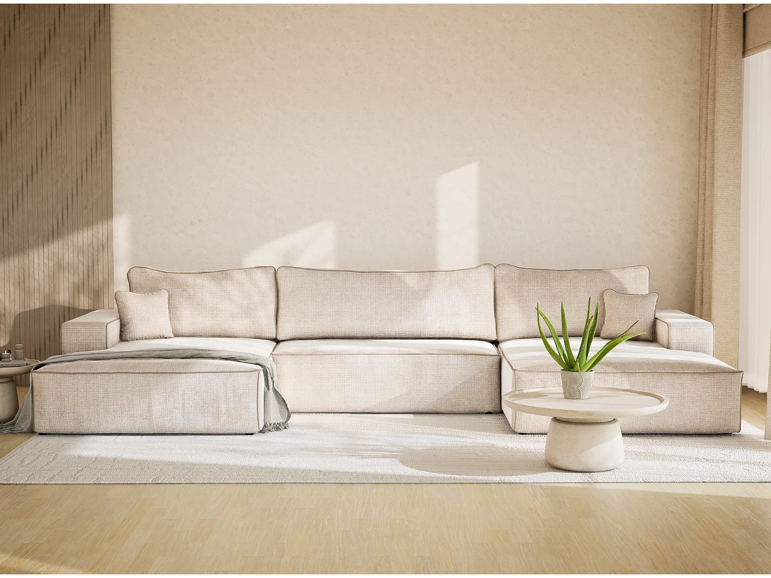 Canapé d'angle panoramique convertible en tissu chenille creme-beige DESEO