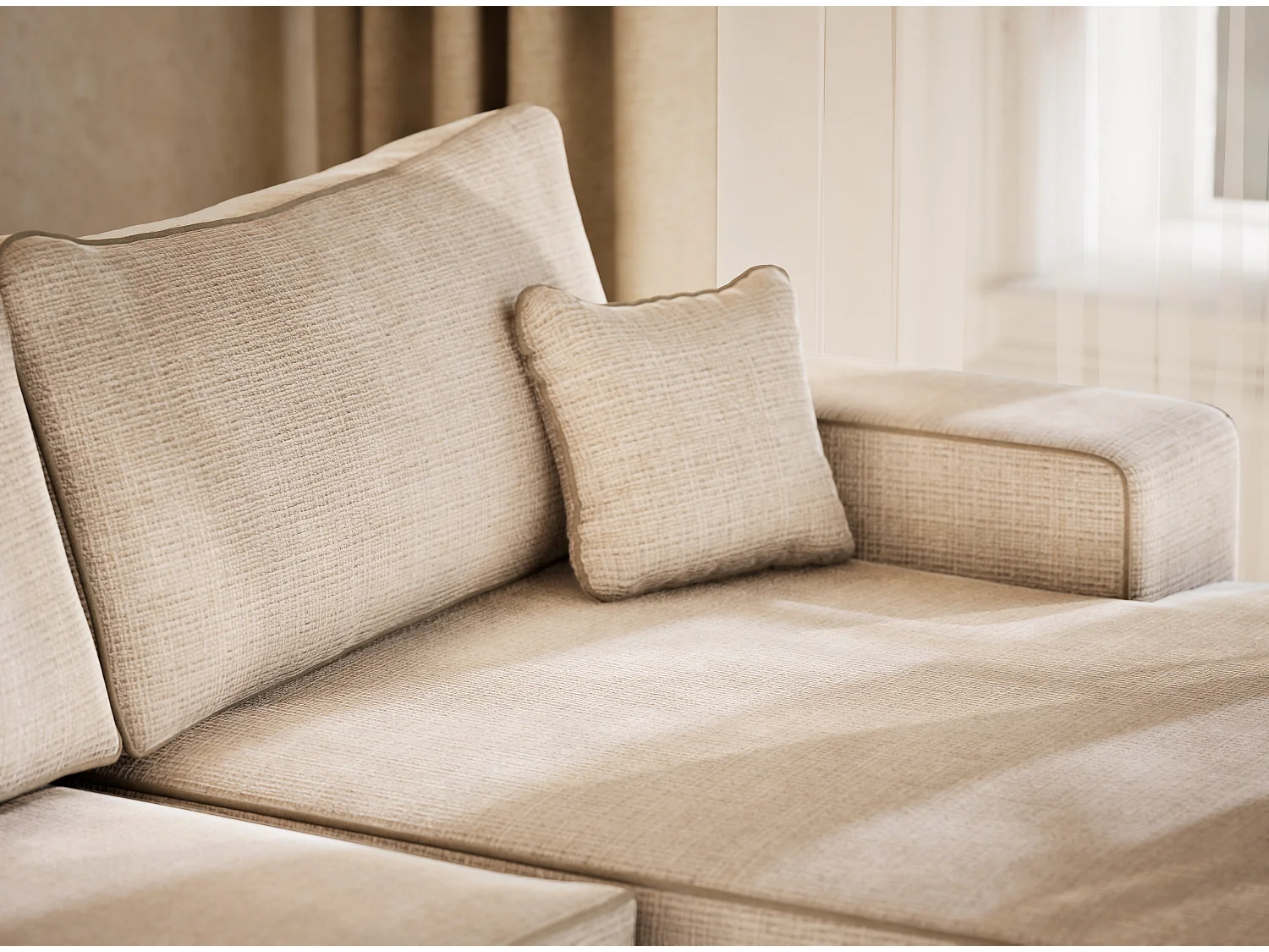 Canapé d'angle panoramique convertible en tissu chenille creme-beige DESEO