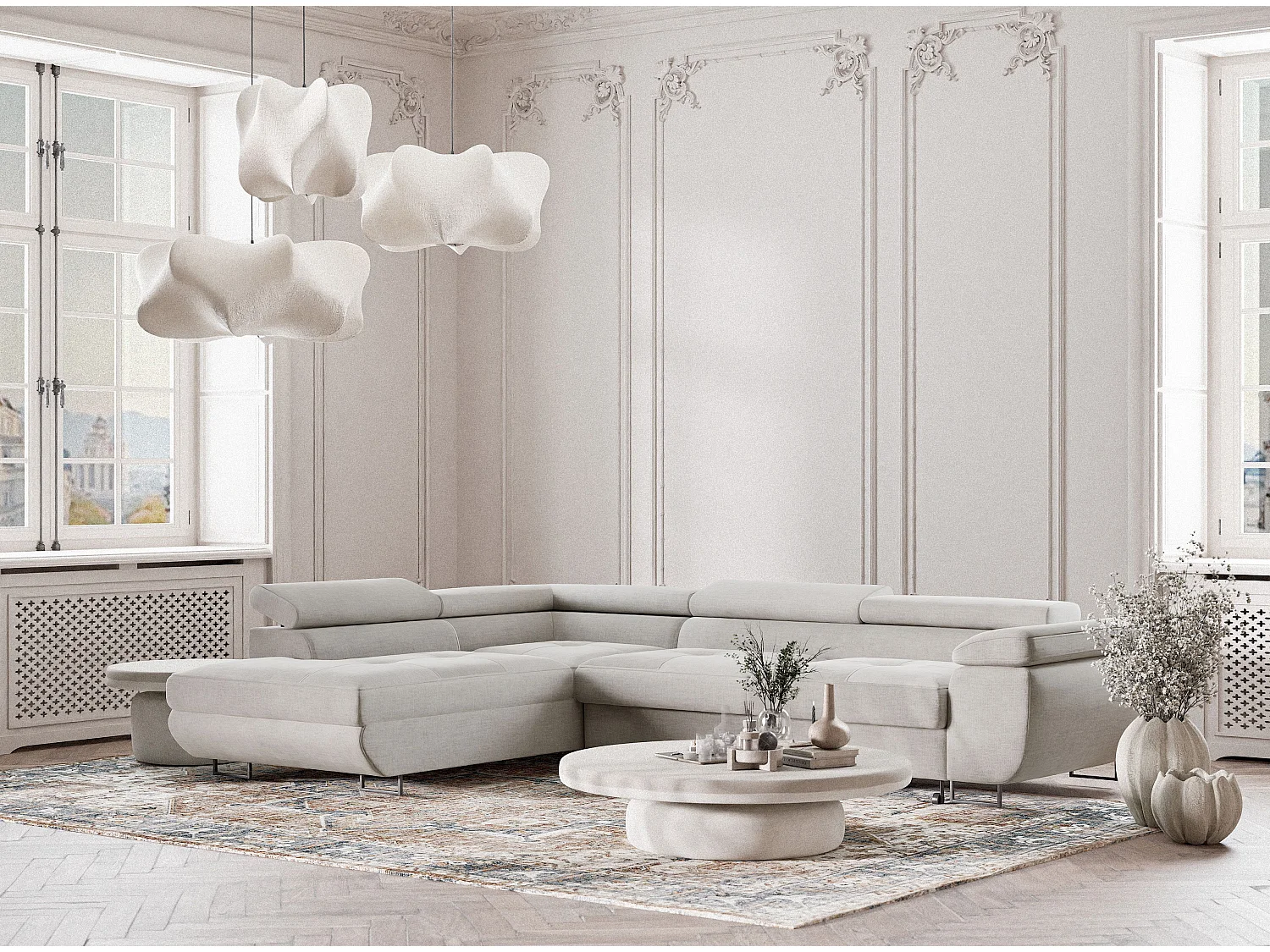 Canapé d'angle gauche convertible en tissu chenille beige gris CONCORD