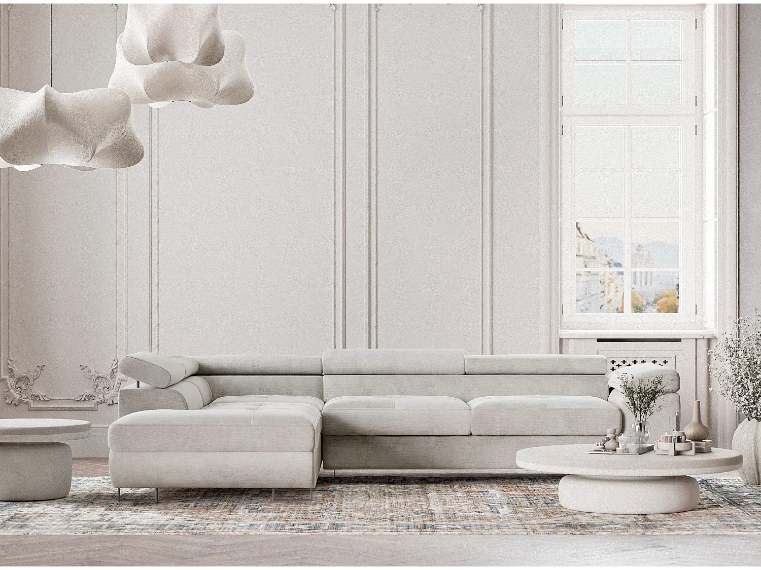 Canapé d'angle gauche convertible en tissu chenille beige gris CONCORD