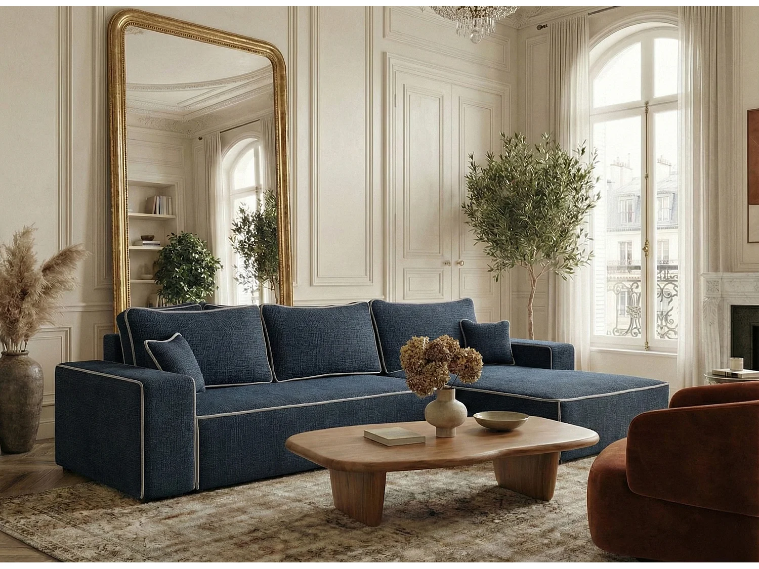 Canapé d'angle droit convertible en tissu chenille bleu foncé-gris MODO